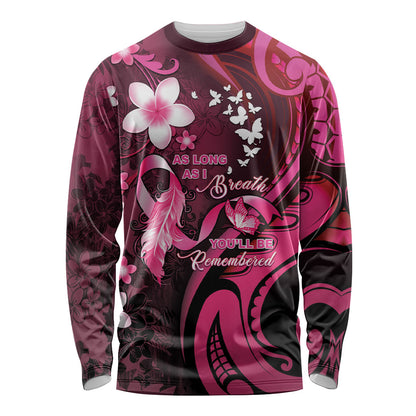 Personalised Memorial Breast Cancer Support Long Sleeve Shirt Plumeria Floral Tribal Pattern
