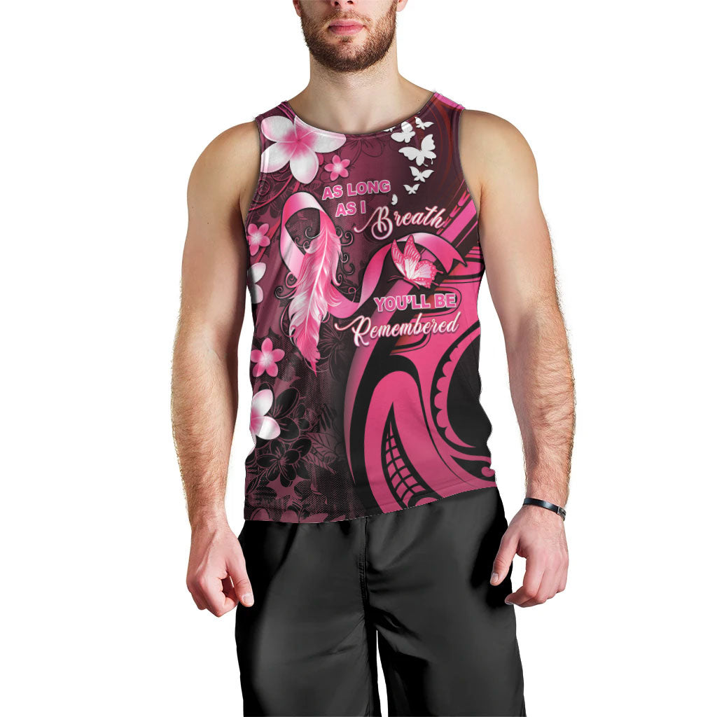 Personalised Memorial Breast Cancer Support Men Tank Top Plumeria Floral Tribal Pattern