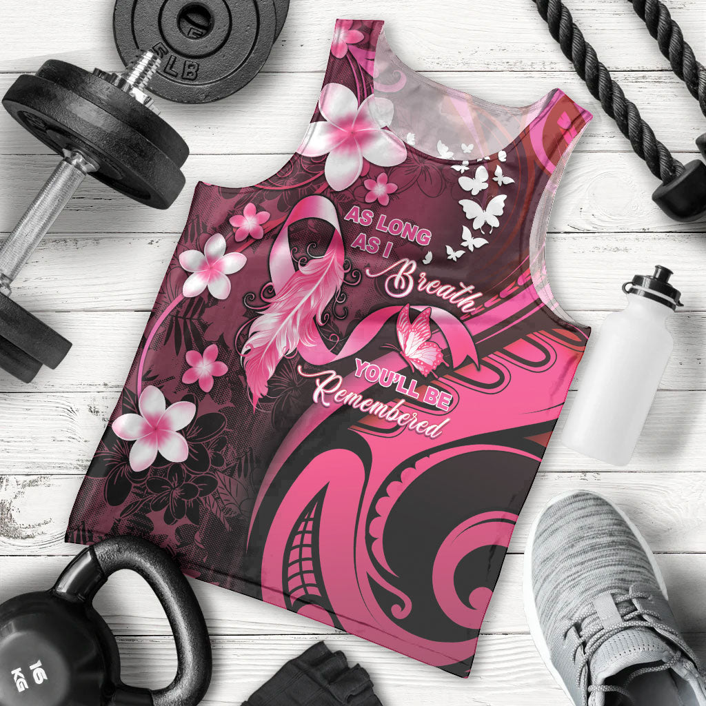 Personalised Memorial Breast Cancer Support Men Tank Top Plumeria Floral Tribal Pattern