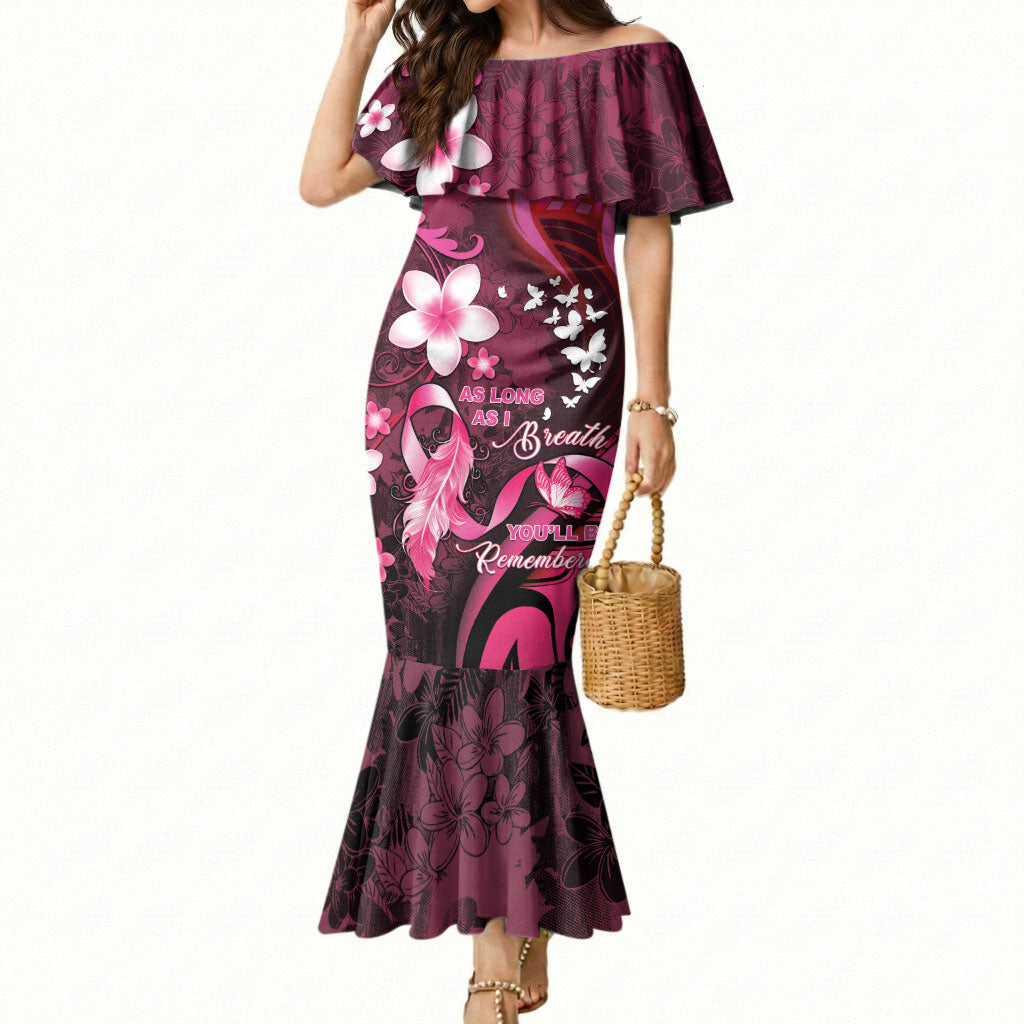 Personalised Memorial Breast Cancer Support Mermaid Dress Plumeria Floral Tribal Pattern