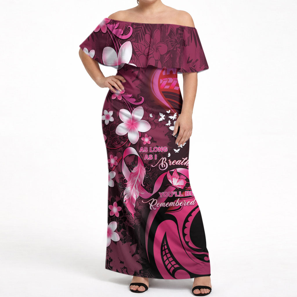 Personalised Memorial Breast Cancer Support Off Shoulder Maxi Dress Plumeria Floral Tribal Pattern