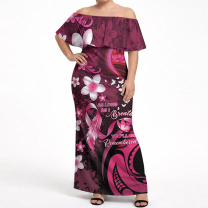 Personalised Memorial Breast Cancer Support Off Shoulder Maxi Dress Plumeria Floral Tribal Pattern