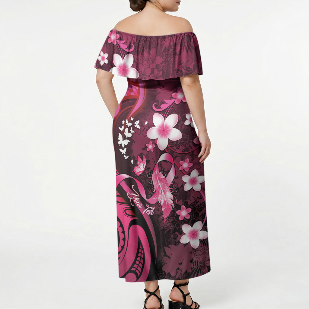 Personalised Memorial Breast Cancer Support Off Shoulder Maxi Dress Plumeria Floral Tribal Pattern