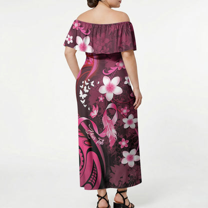 Personalised Memorial Breast Cancer Support Off Shoulder Maxi Dress Plumeria Floral Tribal Pattern