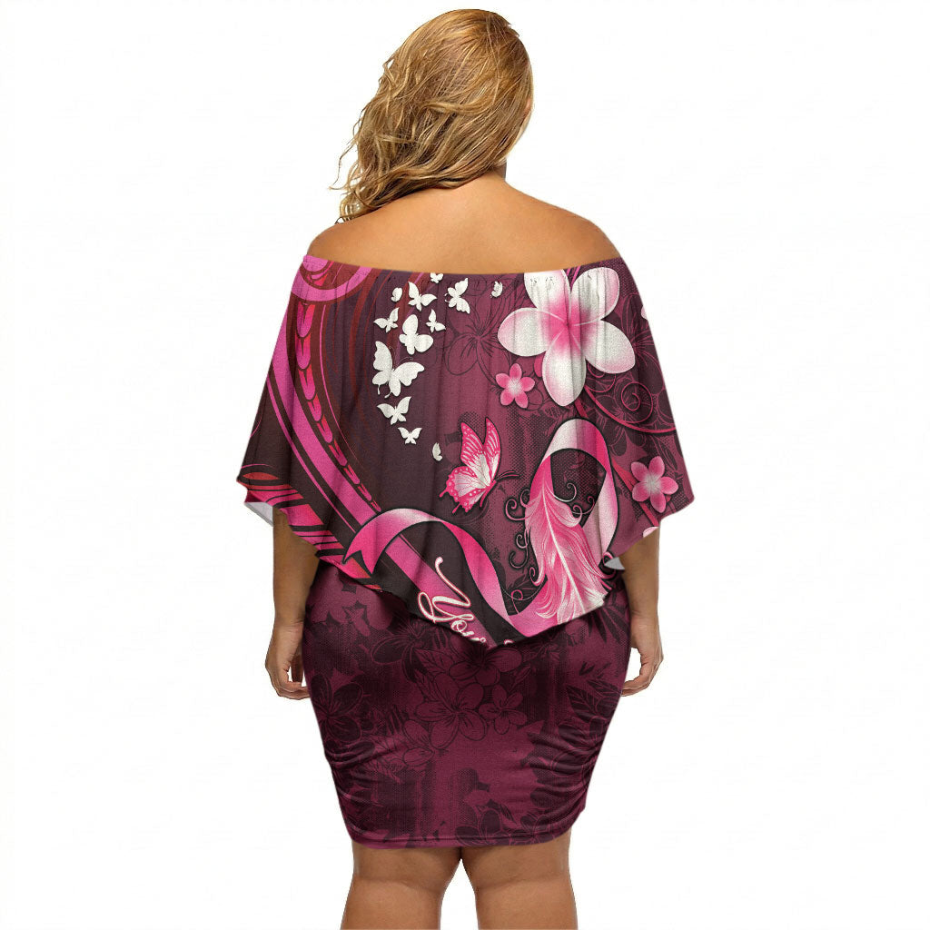Personalised Memorial Breast Cancer Support Off Shoulder Short Dress Plumeria Floral Tribal Pattern