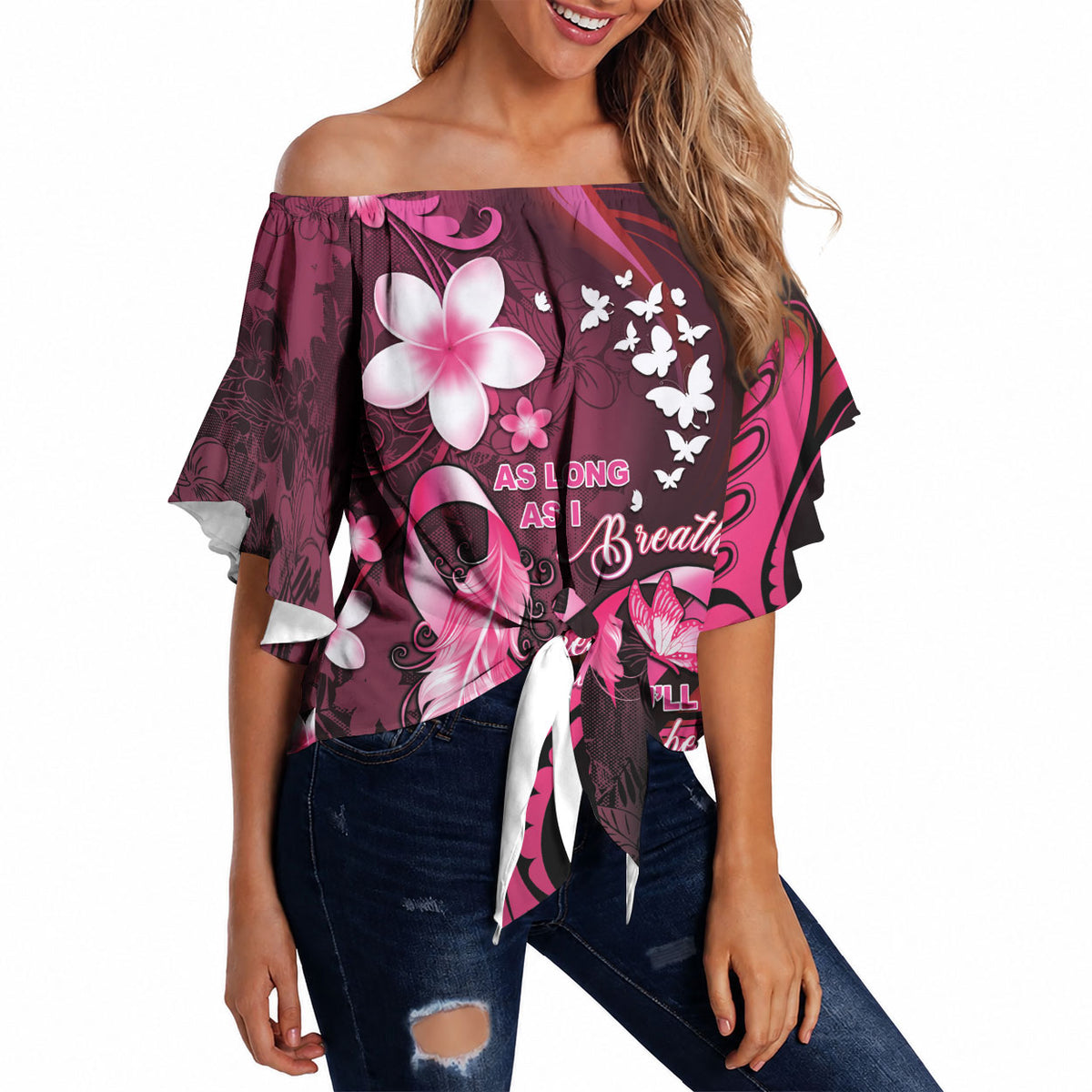 Personalised Memorial Breast Cancer Support Off Shoulder Wrap Waist Top Plumeria Floral Tribal Pattern