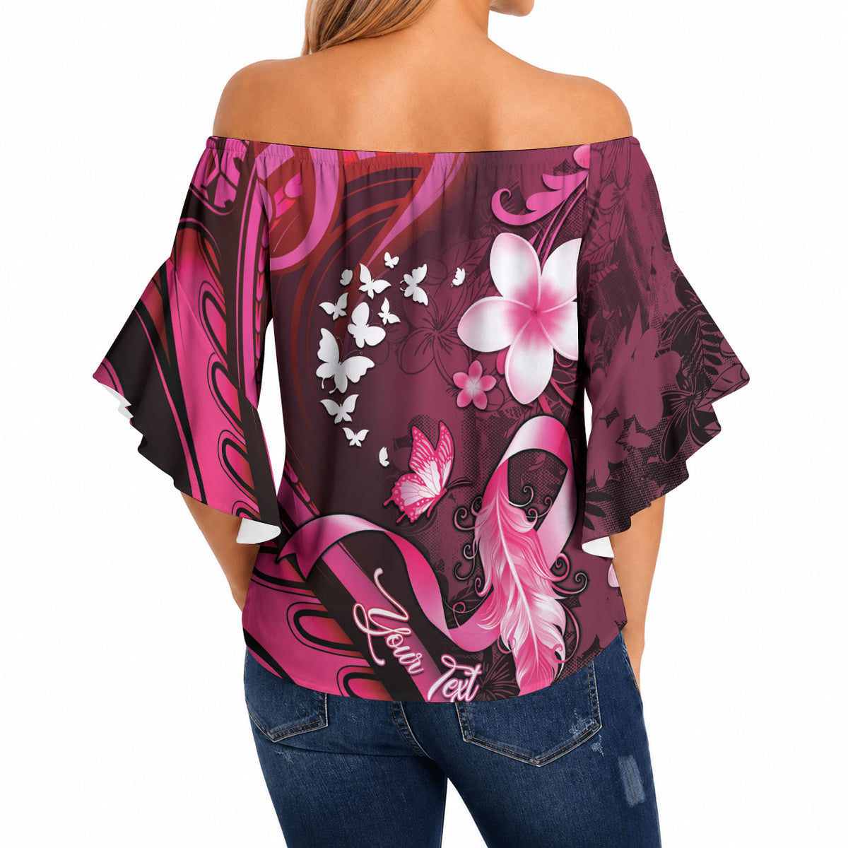 Personalised Memorial Breast Cancer Support Off Shoulder Wrap Waist Top Plumeria Floral Tribal Pattern