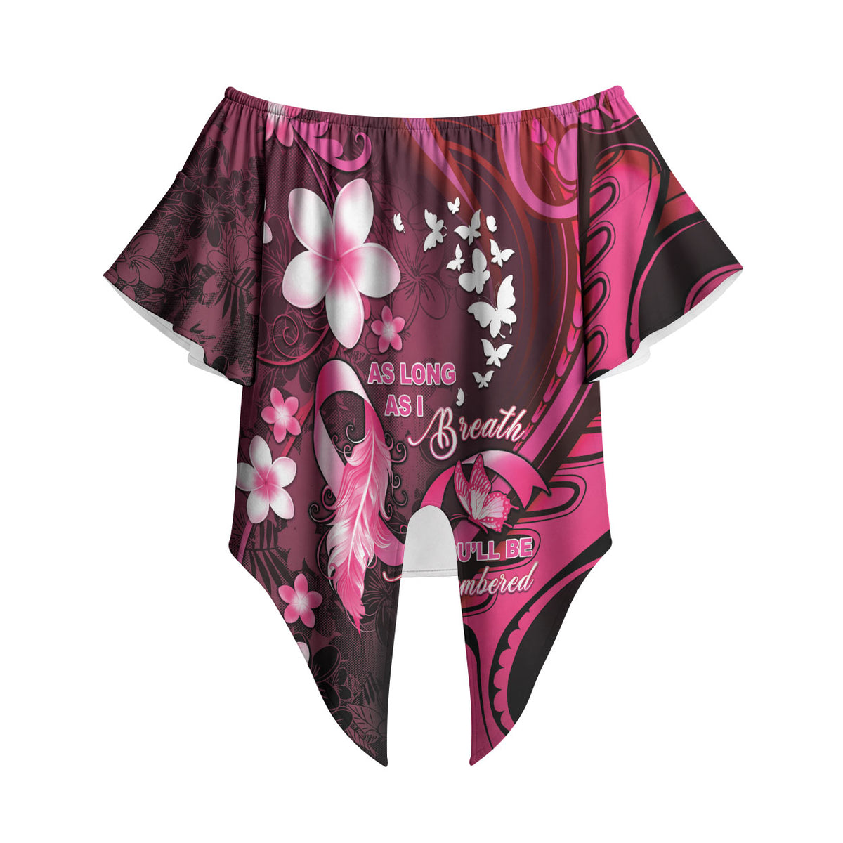 Personalised Memorial Breast Cancer Support Off Shoulder Wrap Waist Top Plumeria Floral Tribal Pattern