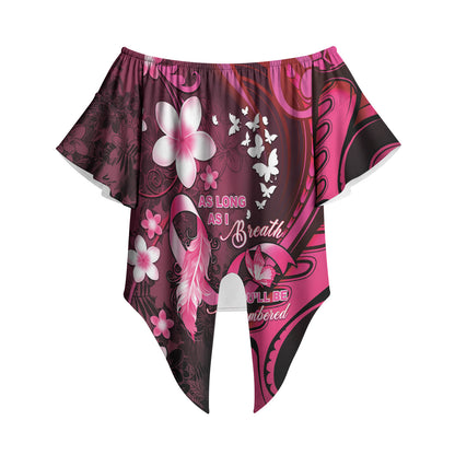Personalised Memorial Breast Cancer Support Off Shoulder Wrap Waist Top Plumeria Floral Tribal Pattern