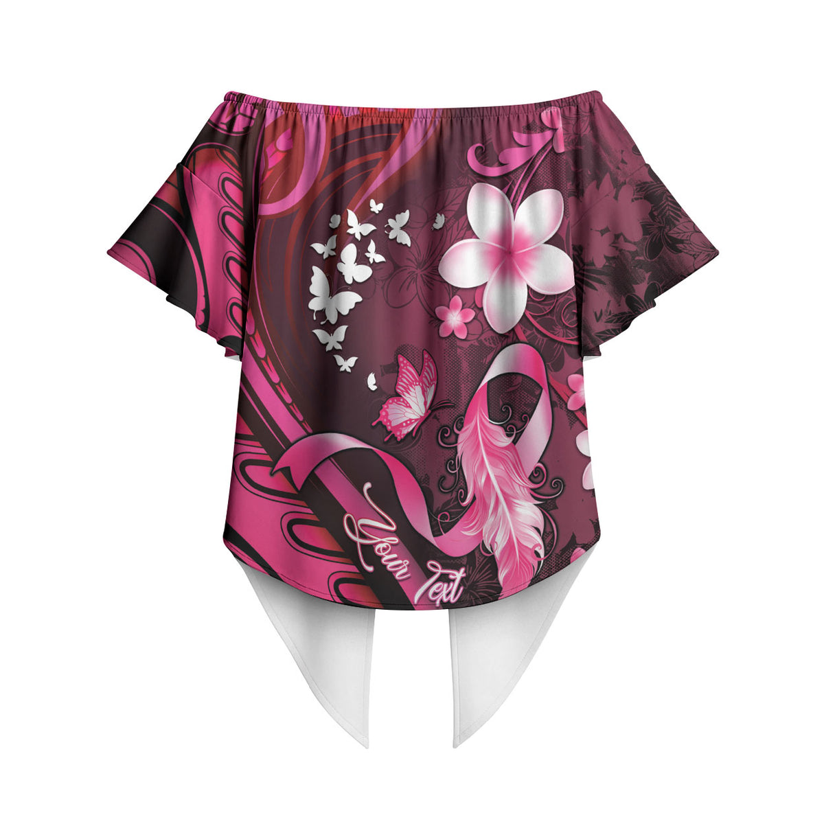 Personalised Memorial Breast Cancer Support Off Shoulder Wrap Waist Top Plumeria Floral Tribal Pattern