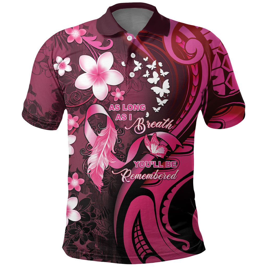 Personalised Memorial Breast Cancer Support Polo Shirt Plumeria Floral Tribal Pattern