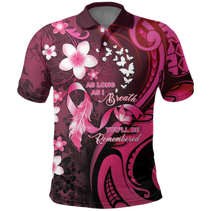 Personalised Memorial Breast Cancer Support Polo Shirt Plumeria Floral Tribal Pattern