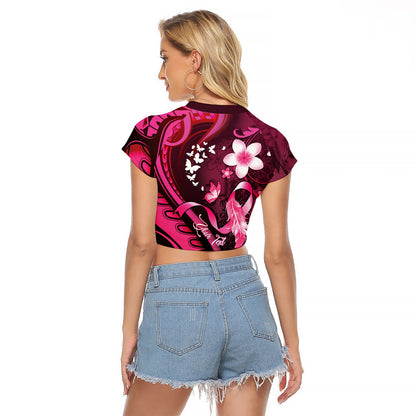 Personalised Memorial Breast Cancer Support Raglan Cropped T Shirt Plumeria Floral Tribal Pattern