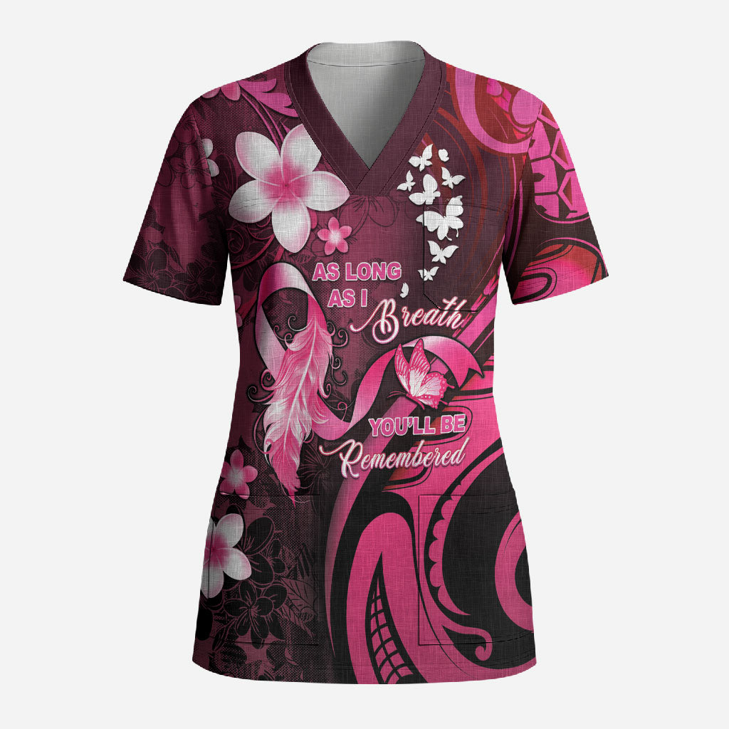 Personalised Memorial Breast Cancer Support Scrub Top Plumeria Floral Tribal Pattern