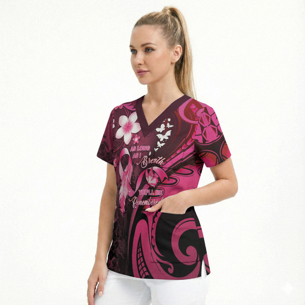 Personalised Memorial Breast Cancer Support Scrub Top Plumeria Floral Tribal Pattern