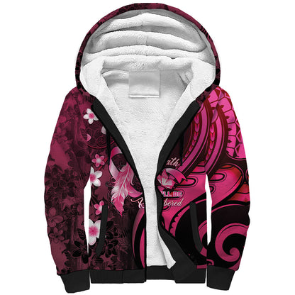 Personalised Memorial Breast Cancer Support Sherpa Hoodie Plumeria Floral Tribal Pattern