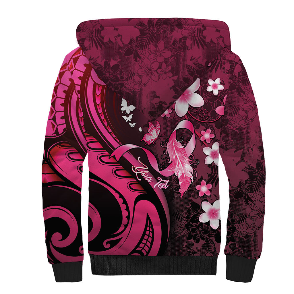 Personalised Memorial Breast Cancer Support Sherpa Hoodie Plumeria Floral Tribal Pattern
