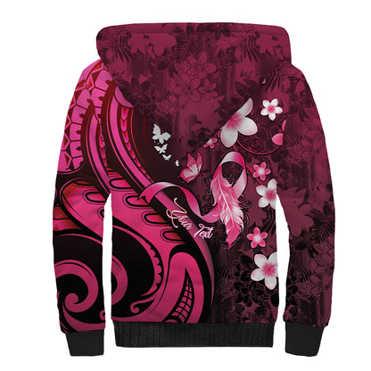 Personalised Memorial Breast Cancer Support Sherpa Hoodie Plumeria Floral Tribal Pattern