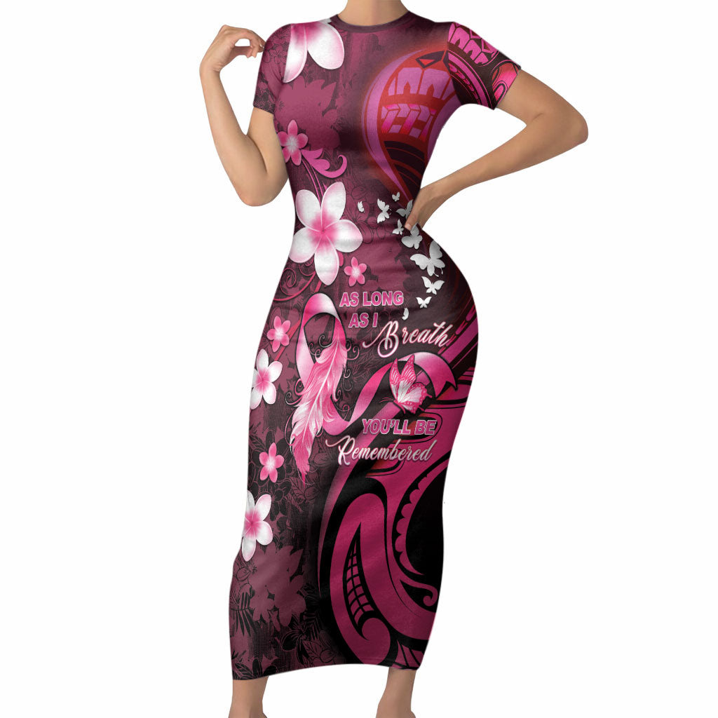 Personalised Memorial Breast Cancer Support Short Sleeve Bodycon Dress Plumeria Floral Tribal Pattern