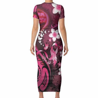 Personalised Memorial Breast Cancer Support Short Sleeve Bodycon Dress Plumeria Floral Tribal Pattern