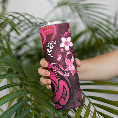 Personalised Memorial Breast Cancer Support Skinny Tumbler Plumeria Floral Tribal Pattern