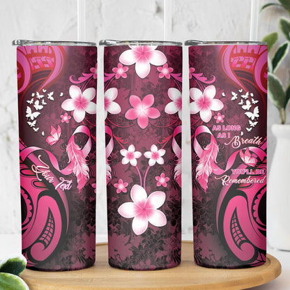 Personalised Memorial Breast Cancer Support Skinny Tumbler Plumeria Floral Tribal Pattern