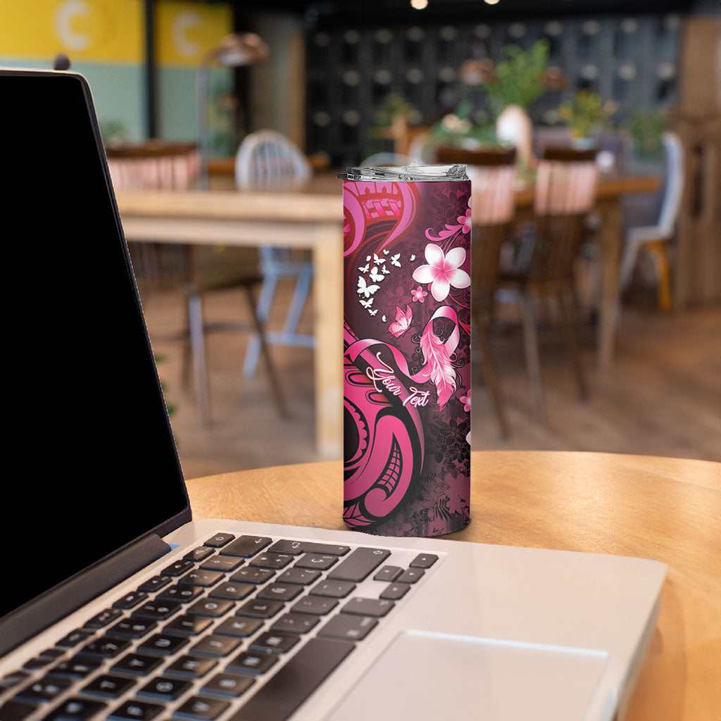 Personalised Memorial Breast Cancer Support Skinny Tumbler Plumeria Floral Tribal Pattern