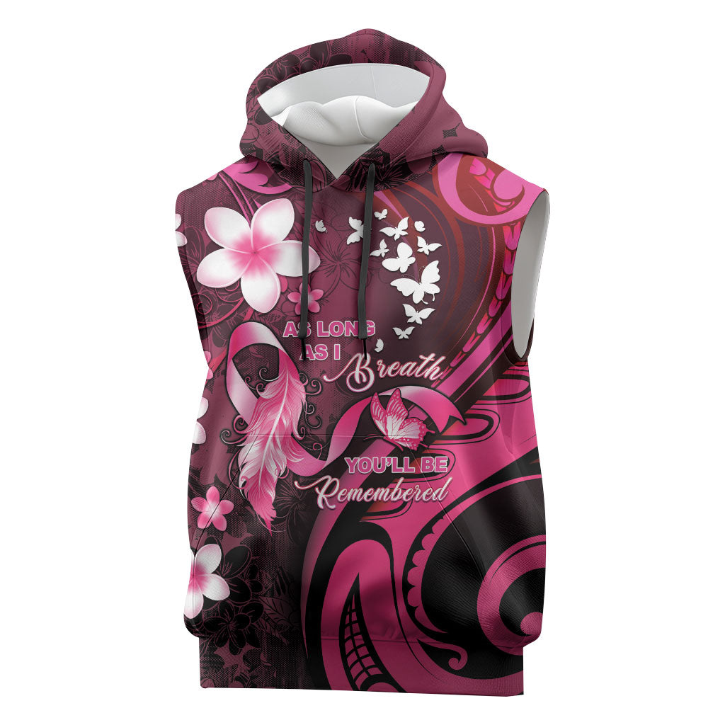 Personalised Memorial Breast Cancer Support Sleeveless Hoodie Plumeria Floral Tribal Pattern
