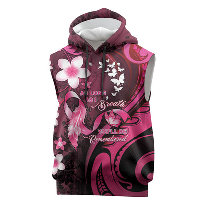 Personalised Memorial Breast Cancer Support Sleeveless Hoodie Plumeria Floral Tribal Pattern