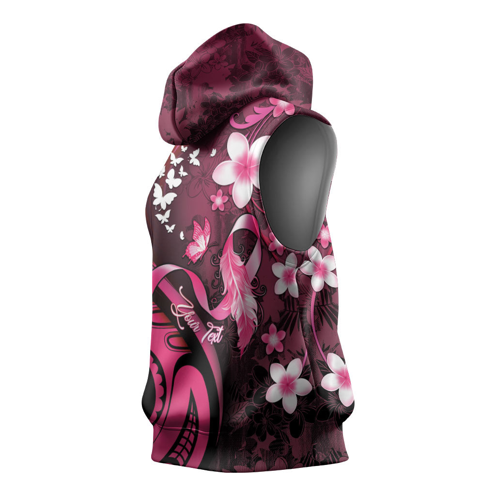 Personalised Memorial Breast Cancer Support Sleeveless Hoodie Plumeria Floral Tribal Pattern