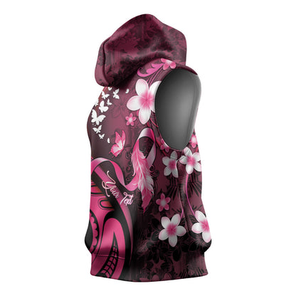Personalised Memorial Breast Cancer Support Sleeveless Hoodie Plumeria Floral Tribal Pattern