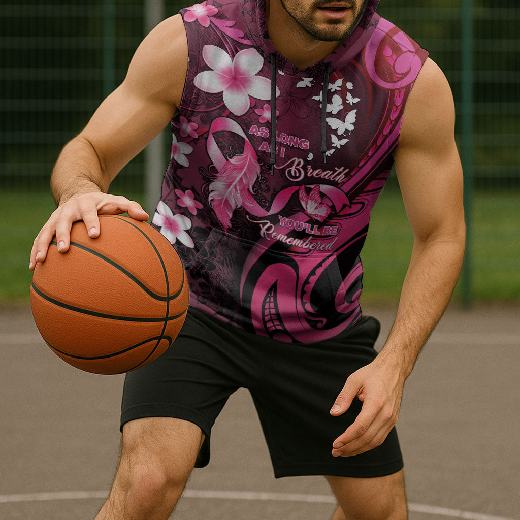 Personalised Memorial Breast Cancer Support Sleeveless Hoodie Plumeria Floral Tribal Pattern