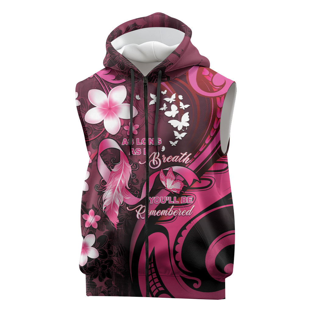 Personalised Memorial Breast Cancer Support Sleeveless Zip Hoodie Plumeria Floral Tribal Pattern