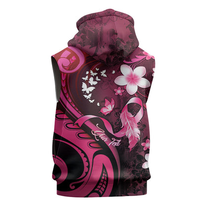 Personalised Memorial Breast Cancer Support Sleeveless Zip Hoodie Plumeria Floral Tribal Pattern