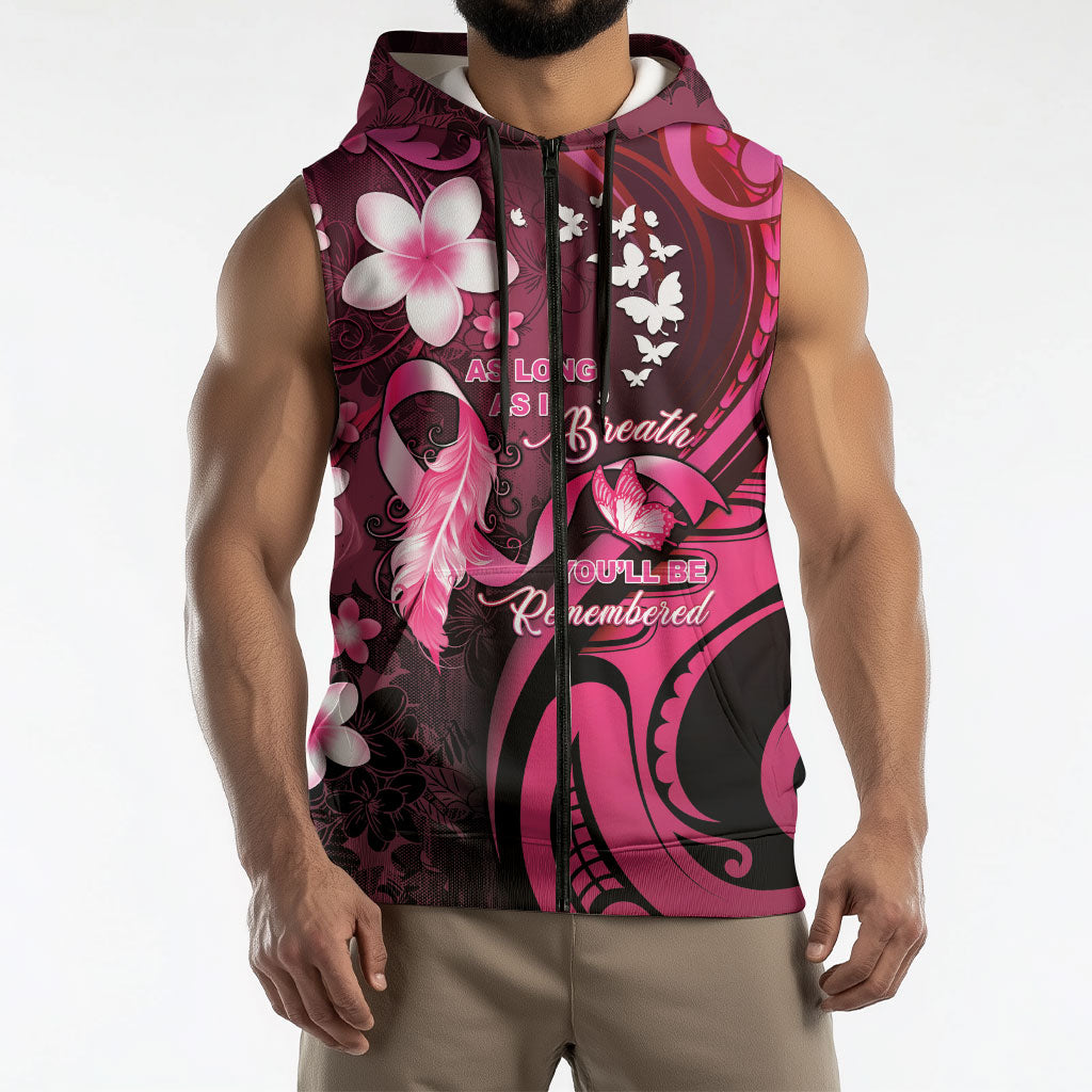 Personalised Memorial Breast Cancer Support Sleeveless Zip Hoodie Plumeria Floral Tribal Pattern