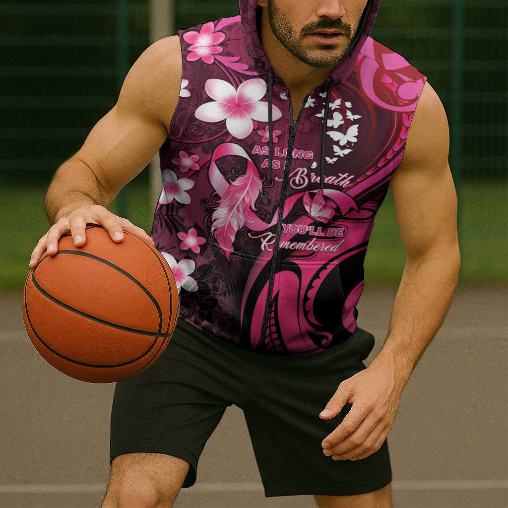 Personalised Memorial Breast Cancer Support Sleeveless Zip Hoodie Plumeria Floral Tribal Pattern