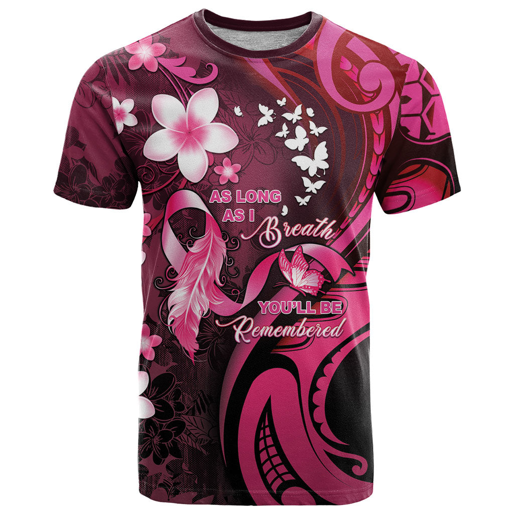Personalised Memorial Breast Cancer Support T Shirt Plumeria Floral Tribal Pattern