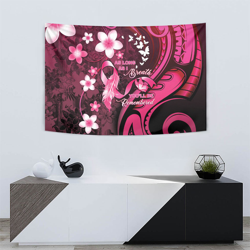 Memorial Breast Cancer Support Tapestry Plumeria Floral Tribal Pattern