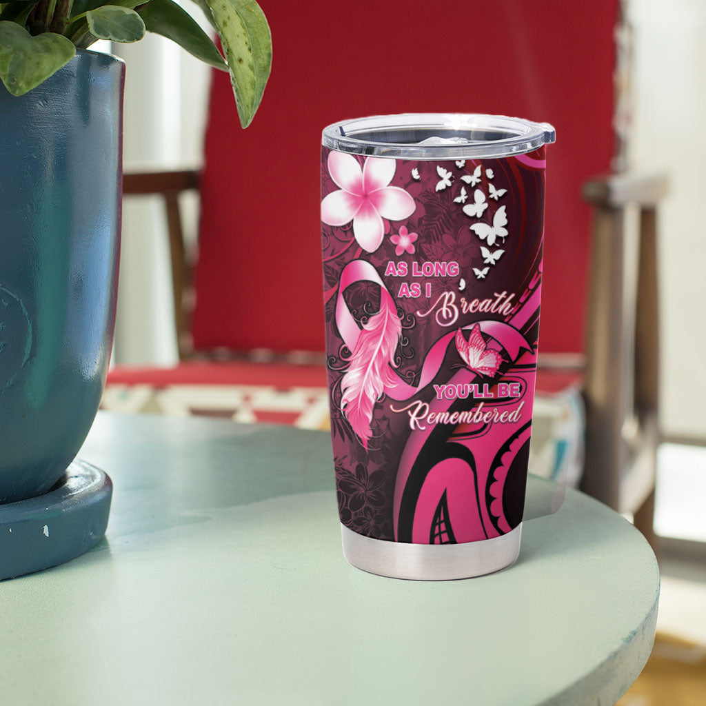 Personalised Memorial Breast Cancer Support Tumbler Cup Plumeria Floral Tribal Pattern