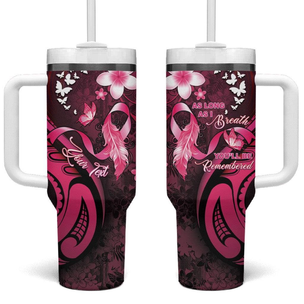 Personalised Memorial Breast Cancer Support Tumbler With Handle Plumeria Floral Tribal Pattern