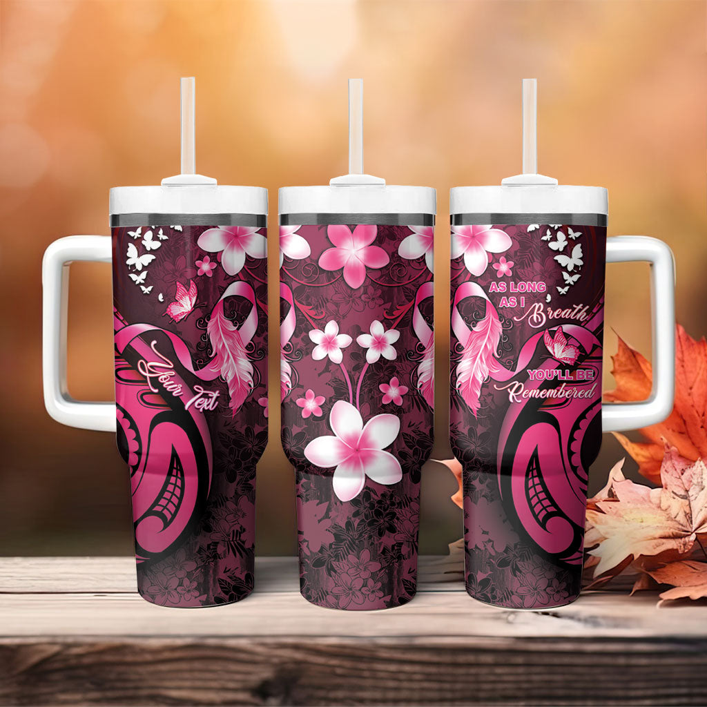 Personalised Memorial Breast Cancer Support Tumbler With Handle Plumeria Floral Tribal Pattern