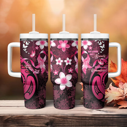 Personalised Memorial Breast Cancer Support Tumbler With Handle Plumeria Floral Tribal Pattern