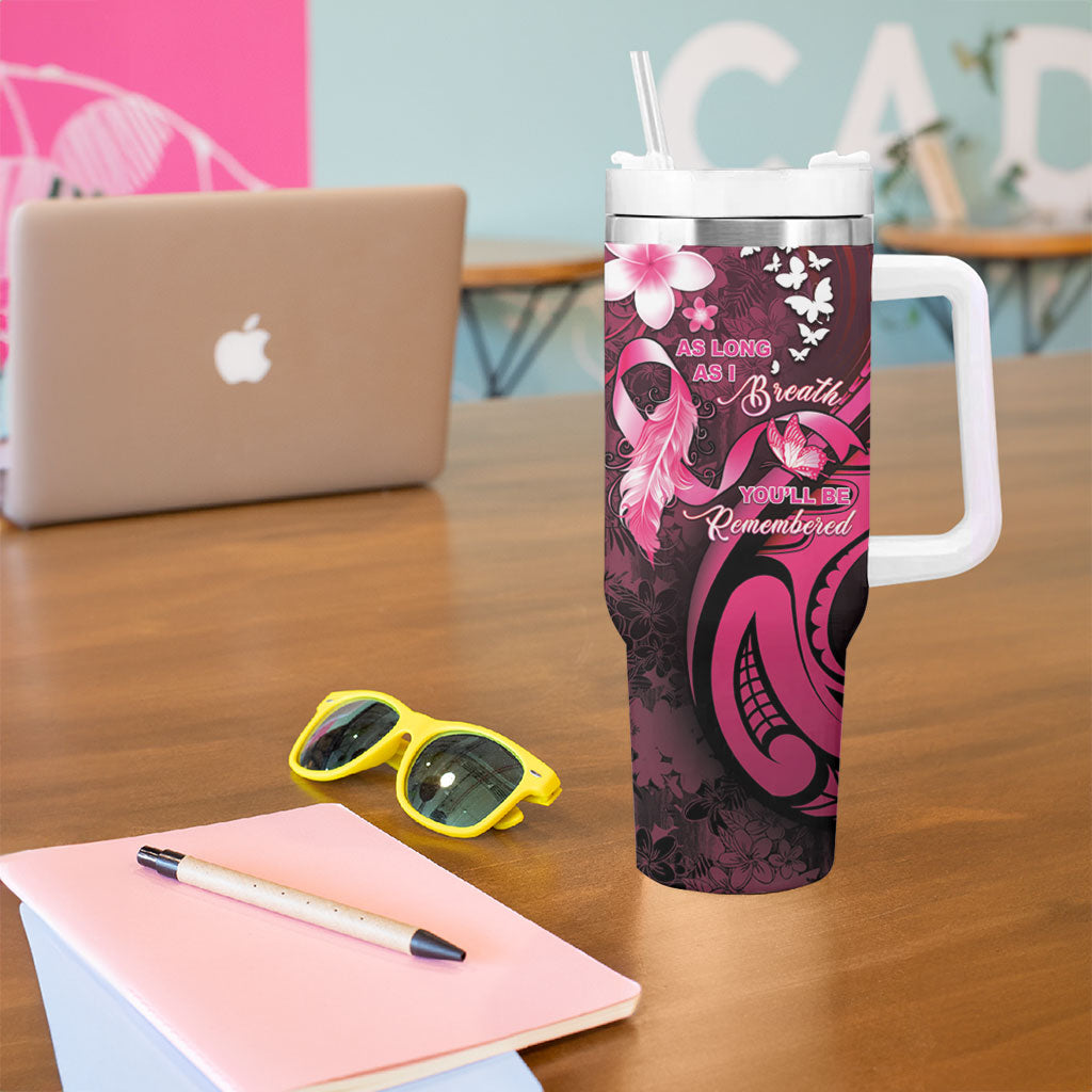 Personalised Memorial Breast Cancer Support Tumbler With Handle Plumeria Floral Tribal Pattern
