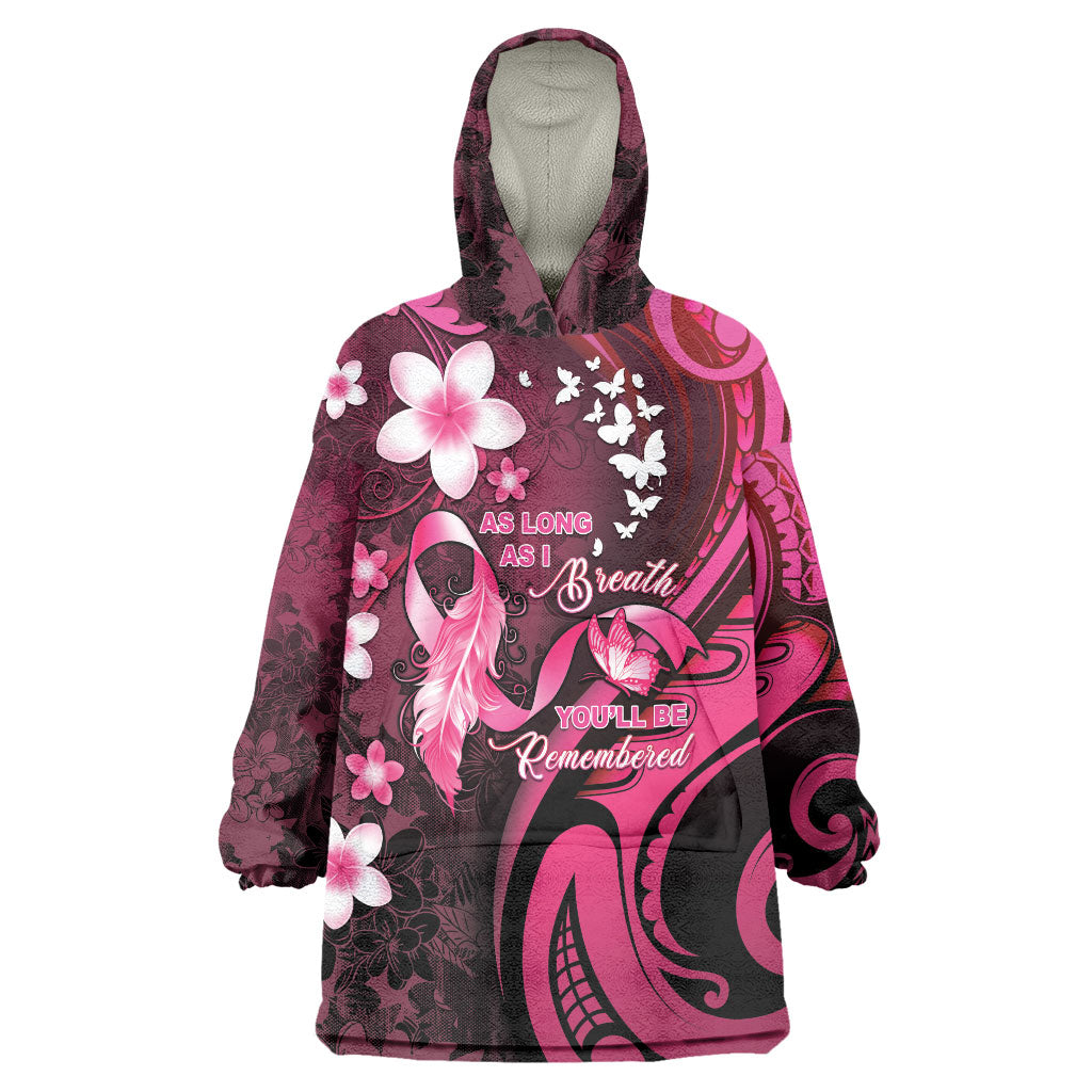 Personalised Memorial Breast Cancer Support Wearable Blanket Hoodie Plumeria Floral Tribal Pattern