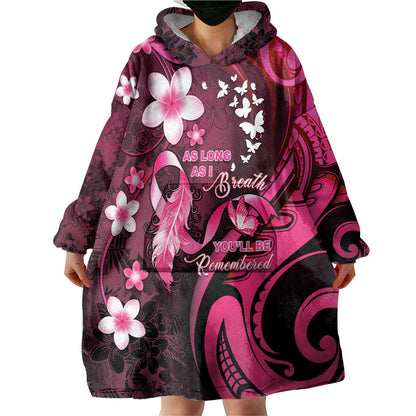 Personalised Memorial Breast Cancer Support Wearable Blanket Hoodie Plumeria Floral Tribal Pattern