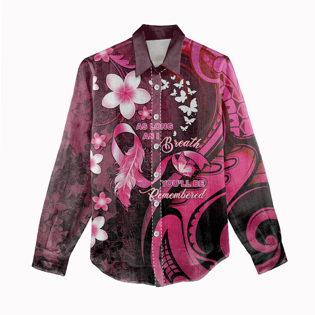 Personalised Memorial Breast Cancer Support Women Casual Shirt Plumeria Floral Tribal Pattern