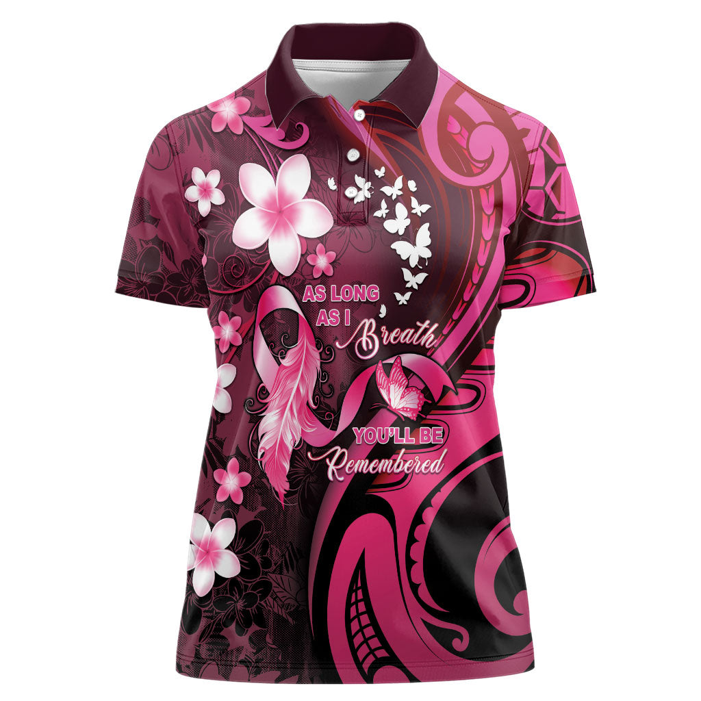 Personalised Memorial Breast Cancer Support Women Polo Shirt Plumeria Floral Tribal Pattern