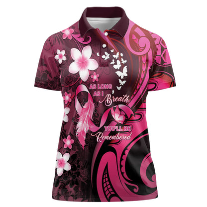 Personalised Memorial Breast Cancer Support Women Polo Shirt Plumeria Floral Tribal Pattern