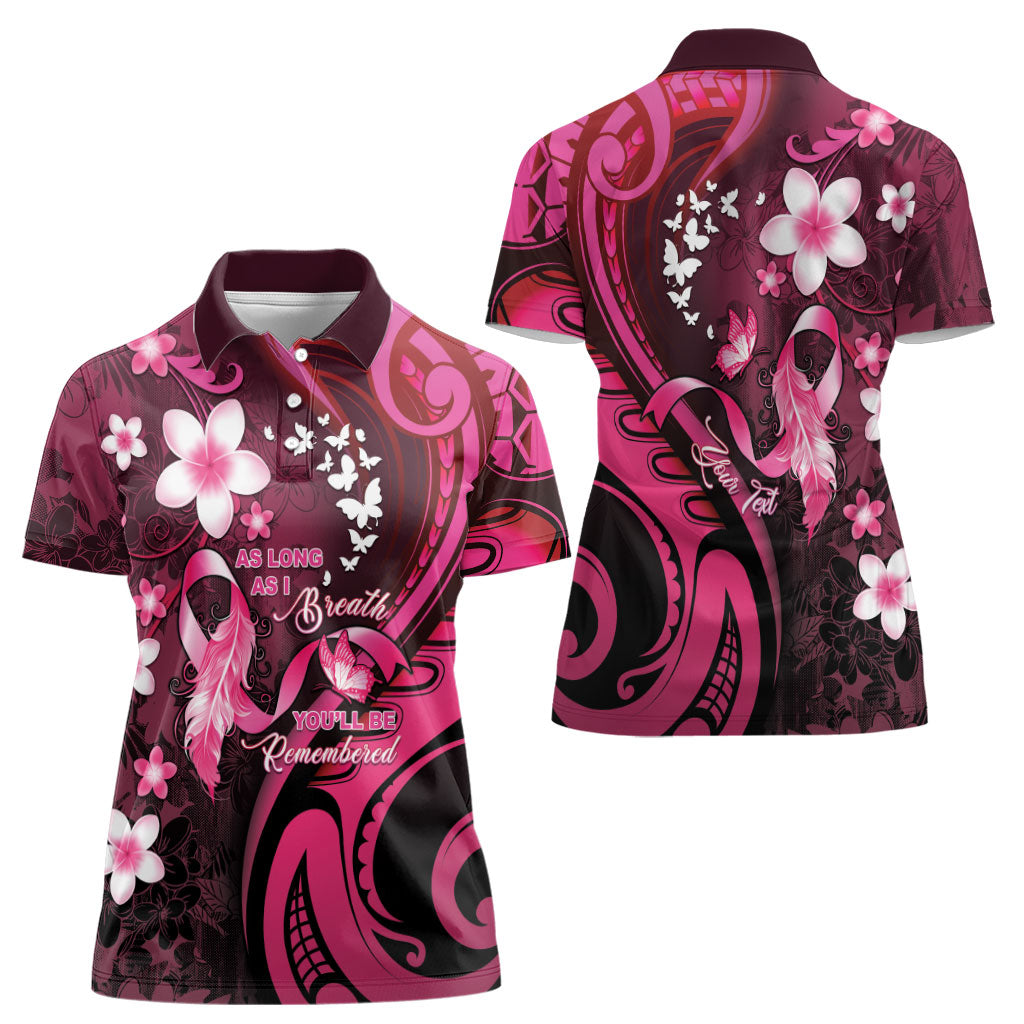 Personalised Memorial Breast Cancer Support Women Polo Shirt Plumeria Floral Tribal Pattern