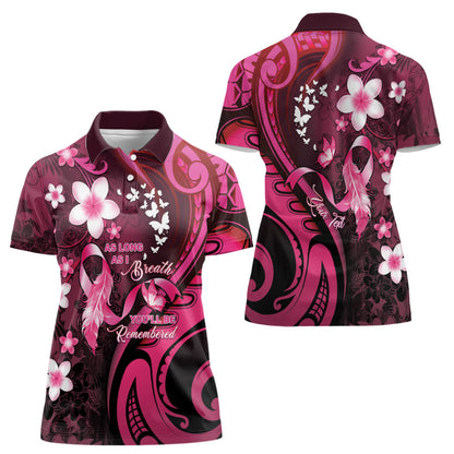 Personalised Memorial Breast Cancer Support Women Polo Shirt Plumeria Floral Tribal Pattern